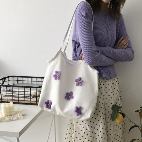 Women Canvas Shoulder Bag Creative Lovely Color Flower Female Casual Totes Purses Large Capacity Travel Shopping Bags For Girls