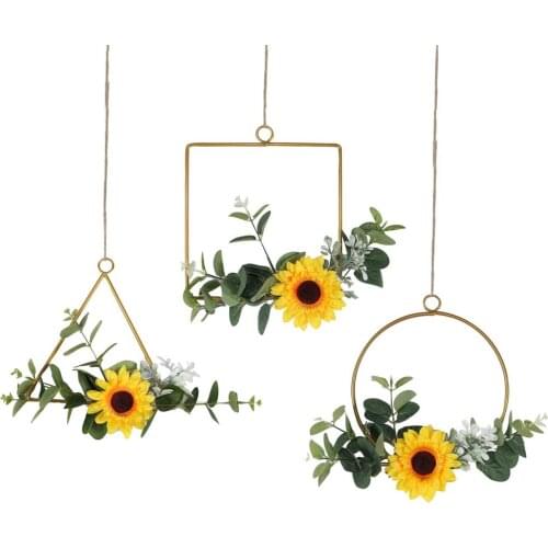 Rtificial Sunflower Metal Floral Hoop Wreath Set Of 3,Wall Hanging Hoop Garland Wreath For Wall Wedding Decor Accessories