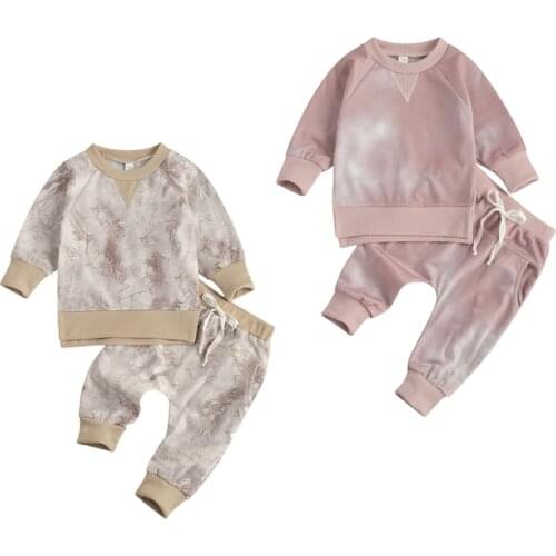 FOCUSNORM Tie-Dye Printed Autumn Kids Boy Girls Clothes Sets Long Sleeve Pullover Sweatshirt Tops Pants 2pcs 0-24M