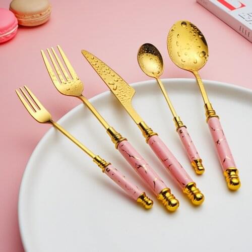 5pcs/set Spoons Forks Stainless Steel Silverware Set for Kitchen Hotel Gold-plated Tableware with Marbled Pattern Ceramic Handle
