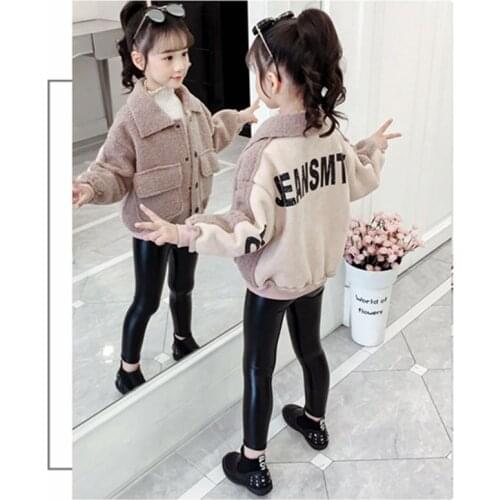 Girl new jacket Girl fashion stitching letter pattern coat Girl plus velvet warm slim jacket Girl hair sweater