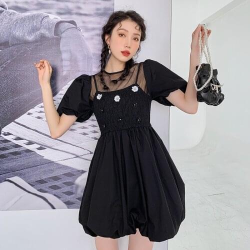 2021 Summer New Sweet Girl White Black Mesh Patchwork Appliques Women Elastic Bust Puff Sleeve Mini Dresses Female