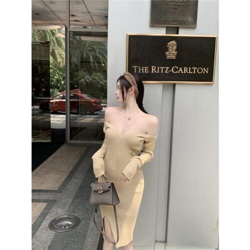 French Vintage Women Knitted Dresses Sexy Slash Neck Off Shoulder Long Sleeves Slim Fit Split Fork Solid Color Female Mid Dress