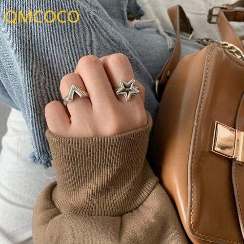 QMCOCO Retro High Quality 925 Silver Rings For Woman Jewelry Personality V-Shape Stars- Shape Opening Adjustable Rings