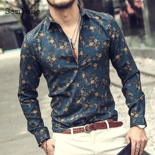 Long Sleeve Shirt 2020 Single Breasted Tops Sexy Men clothing Autumn Flower Print Casual Open Stitch Mens Blouse Plus size S-3XL