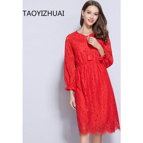 Loose brand dress spring and autumn wear versatile red elastic waist fashion eyelash lace skirt festive casual skirt