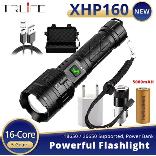 Ultra Bright XHP160 LED Flashlight 16-Core Super Powerful Tactical Zoom Torch TYPE-C USB Lantern Use 18650 26650 AS a Powerbank