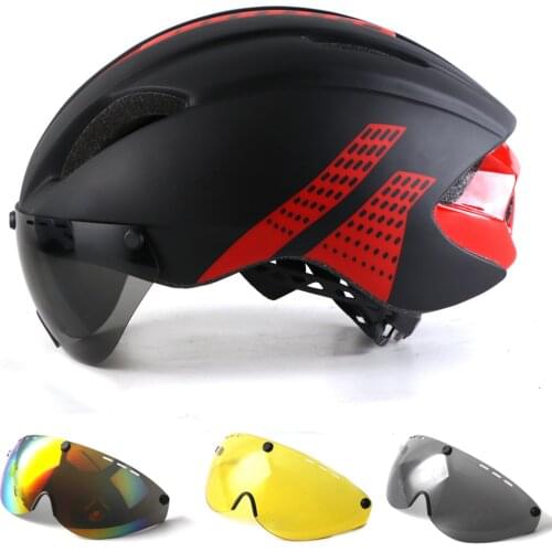 Aero Cycling Helmet With Lens Road Bike Sports Helmet Riding Men TT Time-Trial Bicycle Goggles Safety Cap Vtt Casco Ciclismo Hat