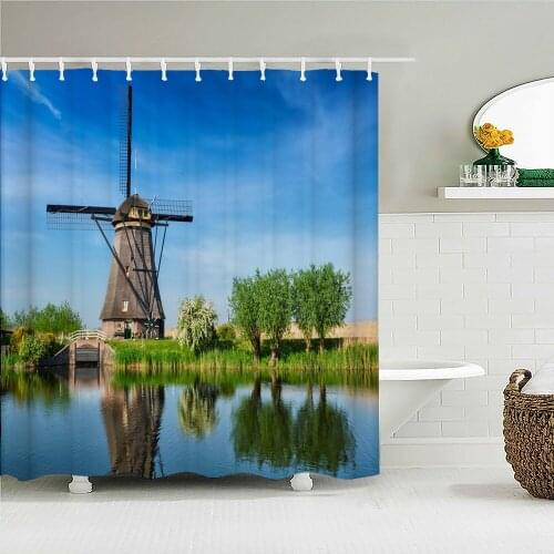 Beautiful natural landscape Tulips Big windmill Shower curtain Waterproof Bathroom decoration Home decoration