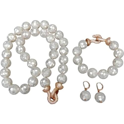 Y·YING Real White Abalone Shell 16mm Round Faceted Long Necklace Bracelet Earrings Set Cubic Zirconia Pave Clasp