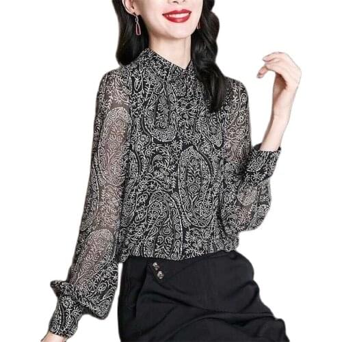 Women Spring Summer Style Blouses Tops Lady Casual Long Sleeve Flower Printed Stand Collar Blusas Tops DD9169