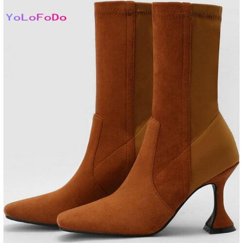 2021 Autumn Winter Women Ankle Boots Faux Suede High Quality Ladies Stretch Boots Square Toe Strange Style Womens Booys Apricot