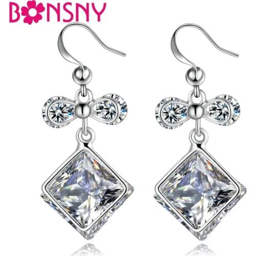 Bonsny Silverstone Bowknot Square Cubic Zircon Earrings Dangle Drop Zirconia Charms For Women Girl Birthday Gift Fashion Jewelry