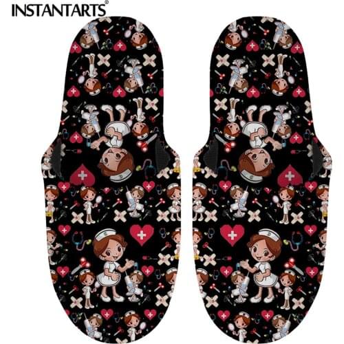 INSTANTARTS Lovely Nurse Cartoon Pattern Girls Warm Slipper Non-Slip Indoor Cotton Flip Flop Female Nursing Soft Slides Loafers