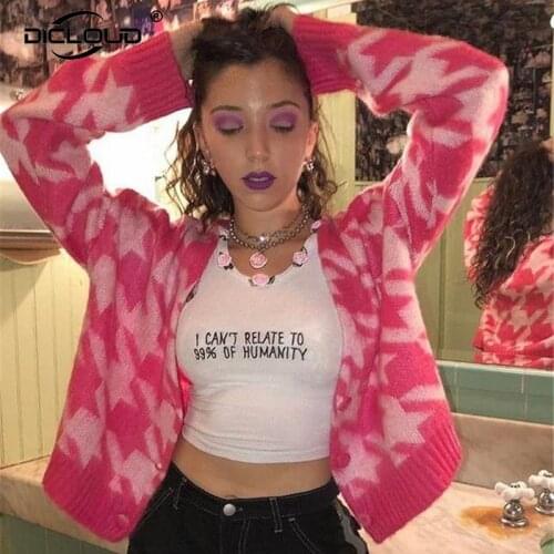 Sweet Pink Houndstooth Cardigans Women Winter Thick Warm Knitted Cardigan Coat Harajuku Cute Kawaii School Girls Fluffy Sweater