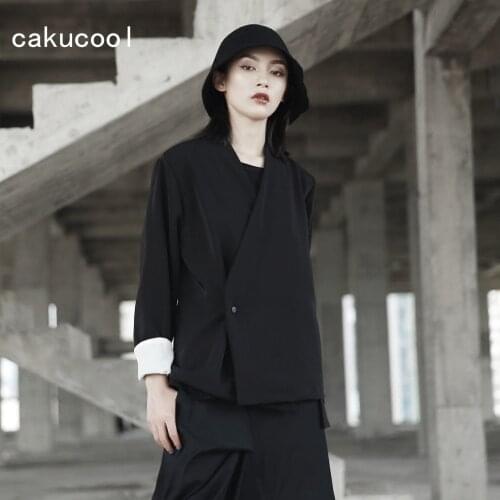 Cakucool New Autumn Jacket Women Kimono Japanese Designer V neck Black Coat Slim Chic Novelty Jaqueta Casaco Feminino Large Size