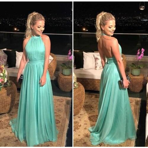 Sexy A-Line Pleated Long Halter Prom Dresses Backless Floor Length Tulle Robe De Soiree Formal Party Gown