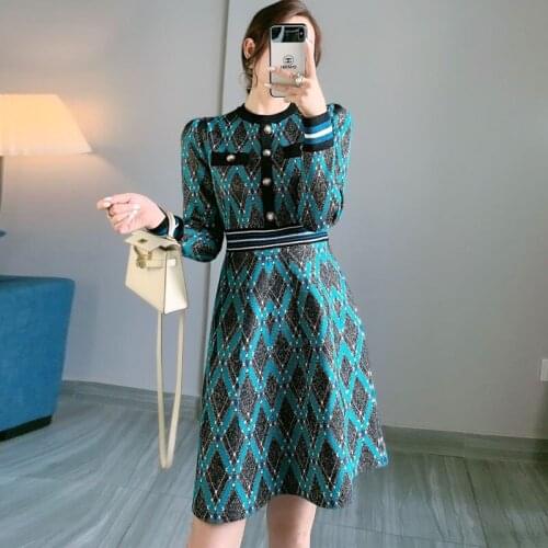 Dress Women Autumn Sweater Winter Clothes Vinter Argyle Plaid High Waist Ladies Long Sleeve Knitted A-Line Green Mini Dresses Za