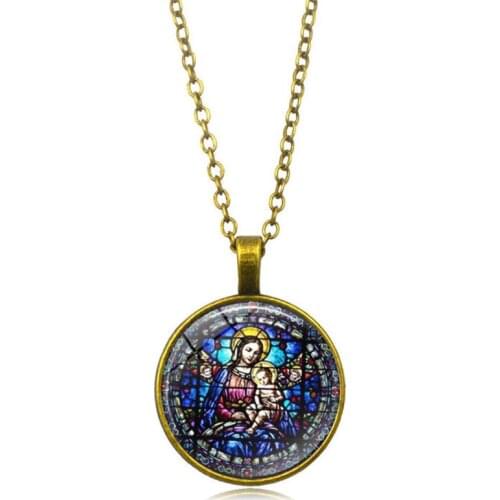 2020 Men and Women Gifts Virgin Mary Time Gem Glass Dome Pendant Necklace Bohemian Jewelry Retro Sweater Chain