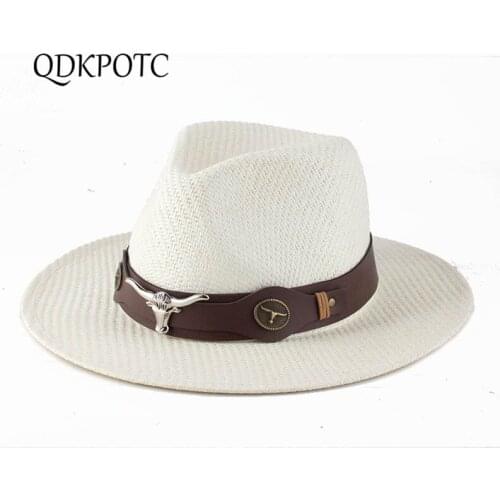 2021 Cap Summer Autumn New Men West Straw White Cowboy Hats Fashion Simplicity Bull Head Flat Edge Shading Sun Hats QDKPOTC
