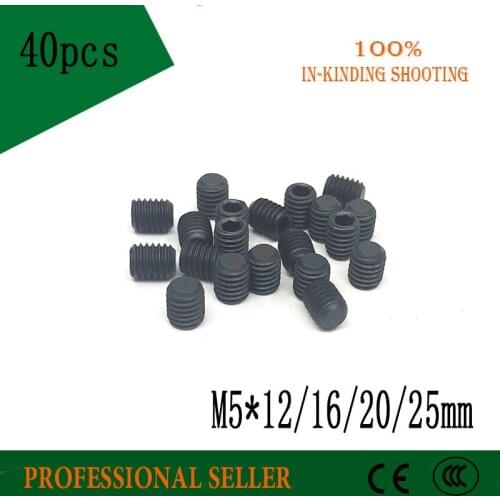 40PC M3*12/16/20/25 DIN913 Black Carbon Steel Metric Thread Grub Screws Flat Point Hexagon Socket Set Screw Headless Bolt
