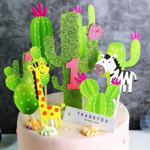 6Pcs/Set Happy Birthday Cake Topper Cactus Cake Toppers Cute Green Paper Tropical Summer Cake Decoration for Party