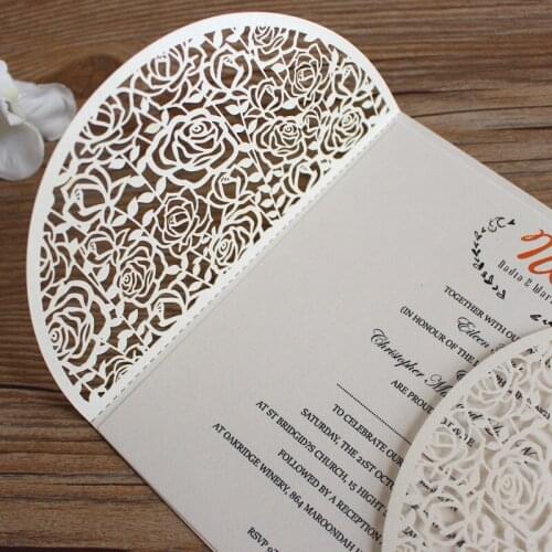 White rose wedding invitation card lace decorated hollow laser cut shiny customized invitation 50pcs/lot