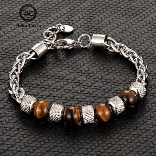 Mens Charm Natural Stone Strand Bracelets Women Unique Stainless steel Chain Bangles Tiger eye Bead Bracelet Male Jewelry Gifts