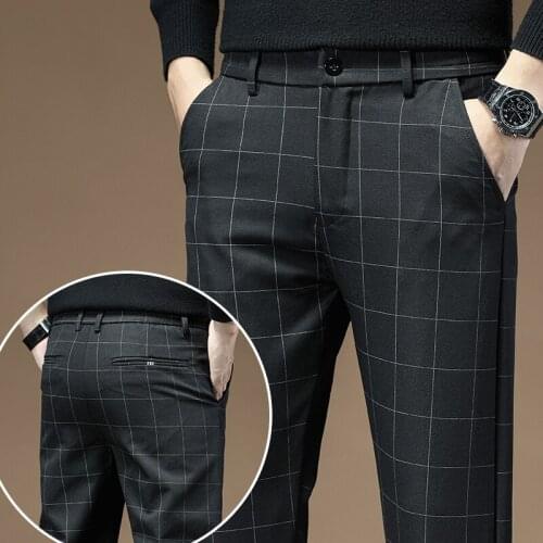 Plaid Pants Men Autumn Spring Business Casual Trousers Brand Clothing Mens Long Straight Cotton Male Regular Full Length,1912
