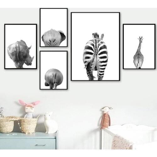 Safari Animals Butt Black White Canvas Poster Bathroom Wall Art Pictures Elephant Giraffe Zebra Painting Prints Nursery Decor