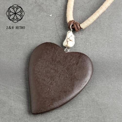 Wood Big Heart Pendant Jewelry for Women Necklace Vintage Suspension Long Rope Chain Chokers Jewellery necklaces & pendants 2021