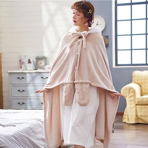 Flannel Cloak Shawl Nightgown Home Service Can Be Worn Outside The Dressing Gown Female Hooded Princess Wind Autumn And Winter