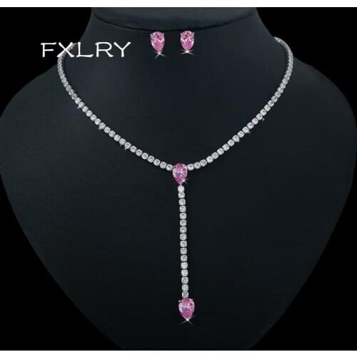 FXLRY High Quality Shiny Pink Water Drop Cubic Zirconia Women Party Necklace Earrings Set Wedding Bridal Jewelry