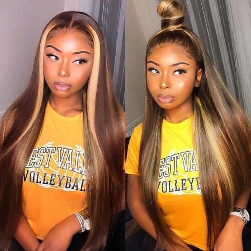 Highlight Wig Brown Colored Human Hair Wigs13x6 Lace Front Wig Straight Blonde Preplucked Hairline Bone Straigh Wig Bleach Knots