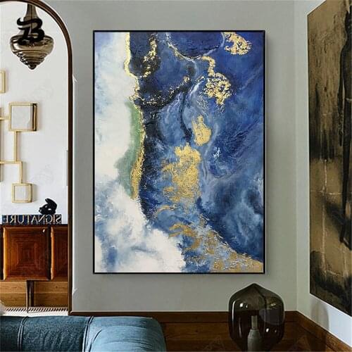 Canvas Painting Bule Color Modern Abstract Beautiful Oil Painting Golden Blue Wall Art Posters Prints for Living Room Home Decor