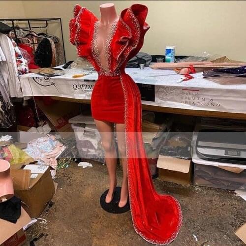 Red Short Velvet Prom Dress Beaded Ruffle Sleeves Real Picture African Black Girl Party Dresses 2021