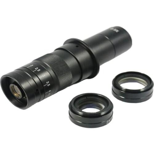 Adjustable MAX 180X Magnification Zoom C-mount Lens + 2pc 0.5X 2X Barlow Auxiliary Lens for Industry Microscope Camera Eyepiece