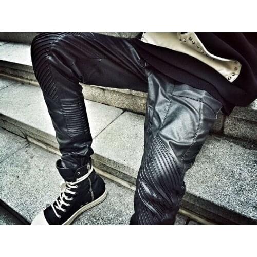 2016 mens clothing new fashion Male slim personality punk motorcycle leather pants skinny pants Stage singer costumes