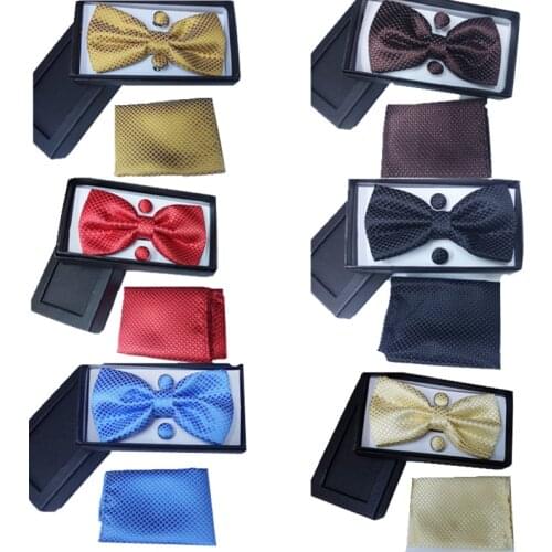 2017 new mens Solid color bow tie set bowties handkerchief cufflinks gravata corbatas Wedding neck tie box