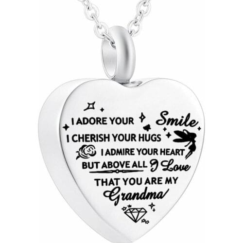 New I Adore Your Smile I Cherish Your Hugs Grandma Memorial Urn Necklace for Ashes Heart Pendant Stainless Steel