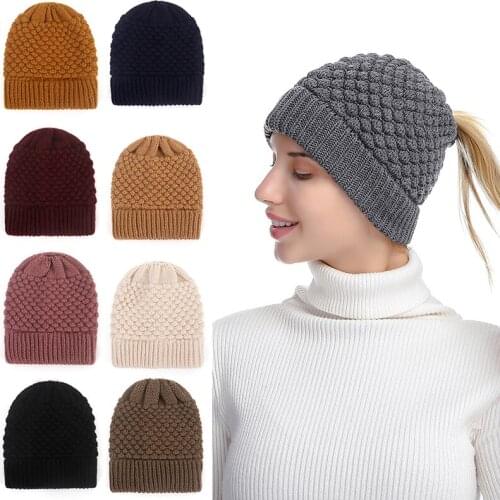 Autumn Winter Warmer Hat Ponytail Knitting Crochet Leisure Caps Soft Stretch All-match Wool Beanies Cap For Women Girl Xmas Gift