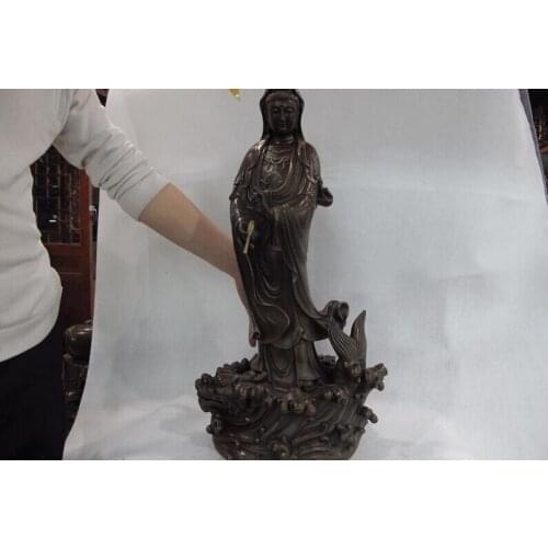 Song voge gem S0501 26 China Buddhism Pure Copper Bronze Bodhisattva Kwan Yin GuanYin on Dragon Fish