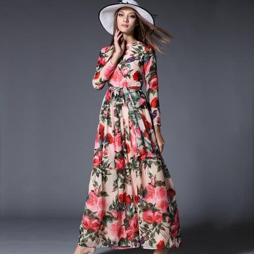 Summer 2018 Especially Women Long Sleeve Dresses Flower Print Chiffon Slim Long Sleeve Maxi Dresses Dress Income
