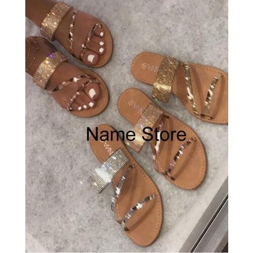 Summer Women Flat Sandals Rhinestone Open Toe Slippers Solid Color Fashion Beach Womens Shoes Plus Size 42