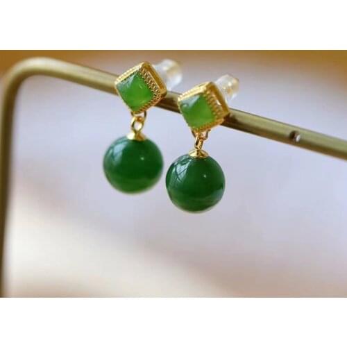Natural Hetian Jade Green Jade Eardrops S925 Sterling Silver round Beads Small Exquisite Super Fairy Graceful Earrings Simple Ea