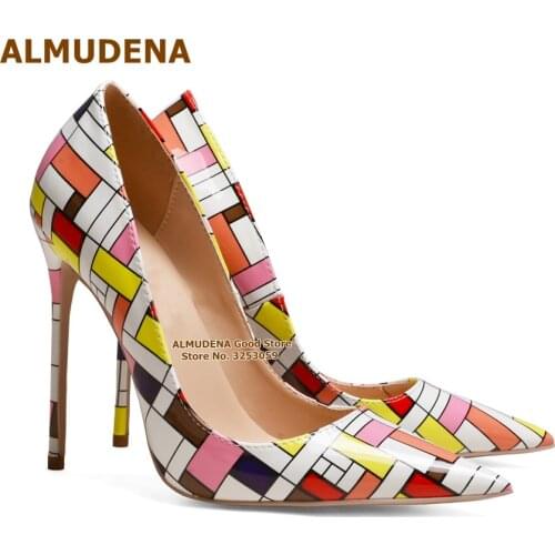 ALMUDENA Multi-Color Checkered 12cm High Heel Shoes Women Size45 Colorized Patent Leather Plaided Wedding Shoes Pointed Toe