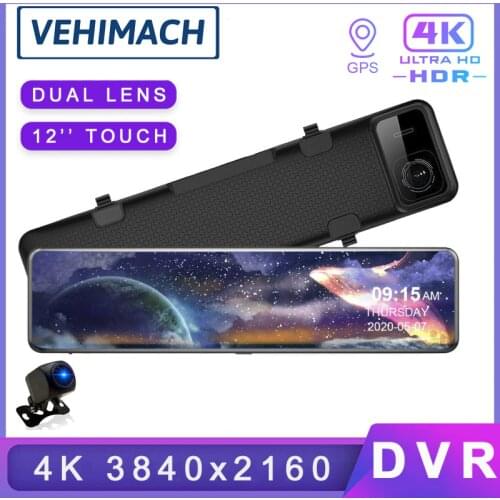 4K Video Recorder Car Dash Cam DVR Sony IMX415 G-Sensor Dash Camera 12" UHD Touch Screen Registrar Dual Camera Parking Monitor