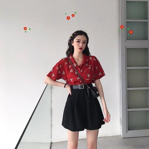 Shirts Women Retro Chiffon Fashion Korean Style All-match Chic Leisure Womens Clothing Loose Student Short Sleeve Summer Printed