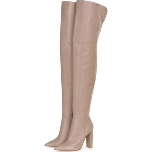 Large Size 34-47 Fashion Shoes for Woman Winter Sexy Apricot Pointed Toe Block Heels Over The Knee Boots Black Leather