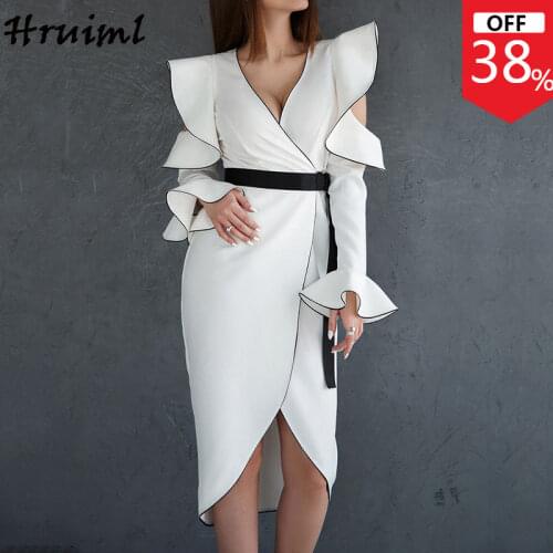 Plus Size Dresses 2xl 3xl Elegant Flare Sleeve Deep VNeck Sexy Long Sleeve White Dress High Waist Chic Fashion Office Lady Dress